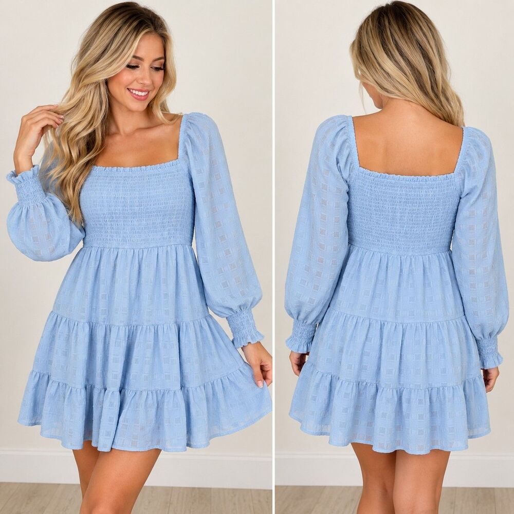 Women’s Small Blue Smocked Tiered Mini Dress Puff Sleeve Cottagecore Babydoll